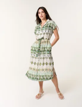 Printed Drawstring Shirt Dress - M/L / KHAKI - female - Blue Vanilla - FashionsVida