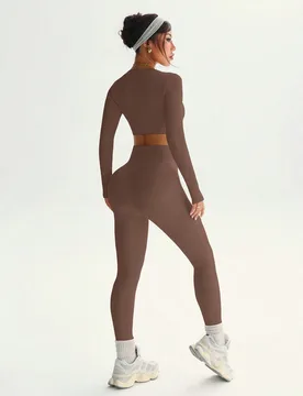 Conjunto deportivo de top de manga larga y pantalones de unicolor, de alta elasticidad y sin costuras para mujer - Shein - FashionsVida
