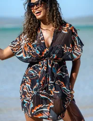 Chiffon Floral Mini Kaftan Beach Cover Up Black Mix female