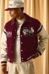 Herren Regular Fit Cord Applikation PU-Ärmel Varsity Jacke Burgundy Größe Small
