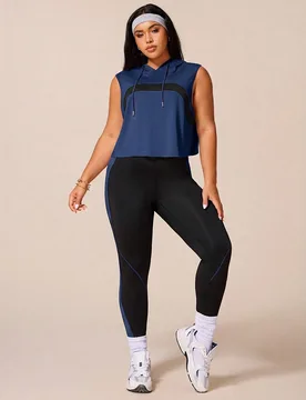 Conjunto deportivo de yoga para mujer para exterior y gimnasio, sudadera holgada sin mangas con capucha y cordón, diseño de bloques de color curvo e - Shein - FashionsVida