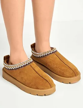 Women's Sigrid Embroidered Faux Fur Lining Slippers in Camel Size: 3 - Camel - Size: 3 - Miss Diva - FashionsVida