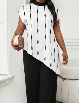 Blusa de mujer talla grande de verano con bloques de color, rayas y bajo asimétrico, elegante y formal para oficina, semana de la moda, fiesta, noche - Shein - FashionsVida