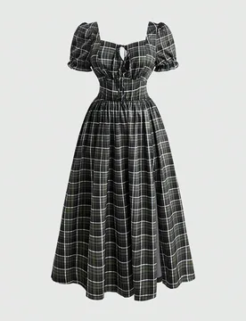 Vestido de Cuadros Estilo Mori Vintage con Cuello Cuadrado y Mangas Abullonadas Talla Grande 2XL - Shein - FashionsVida