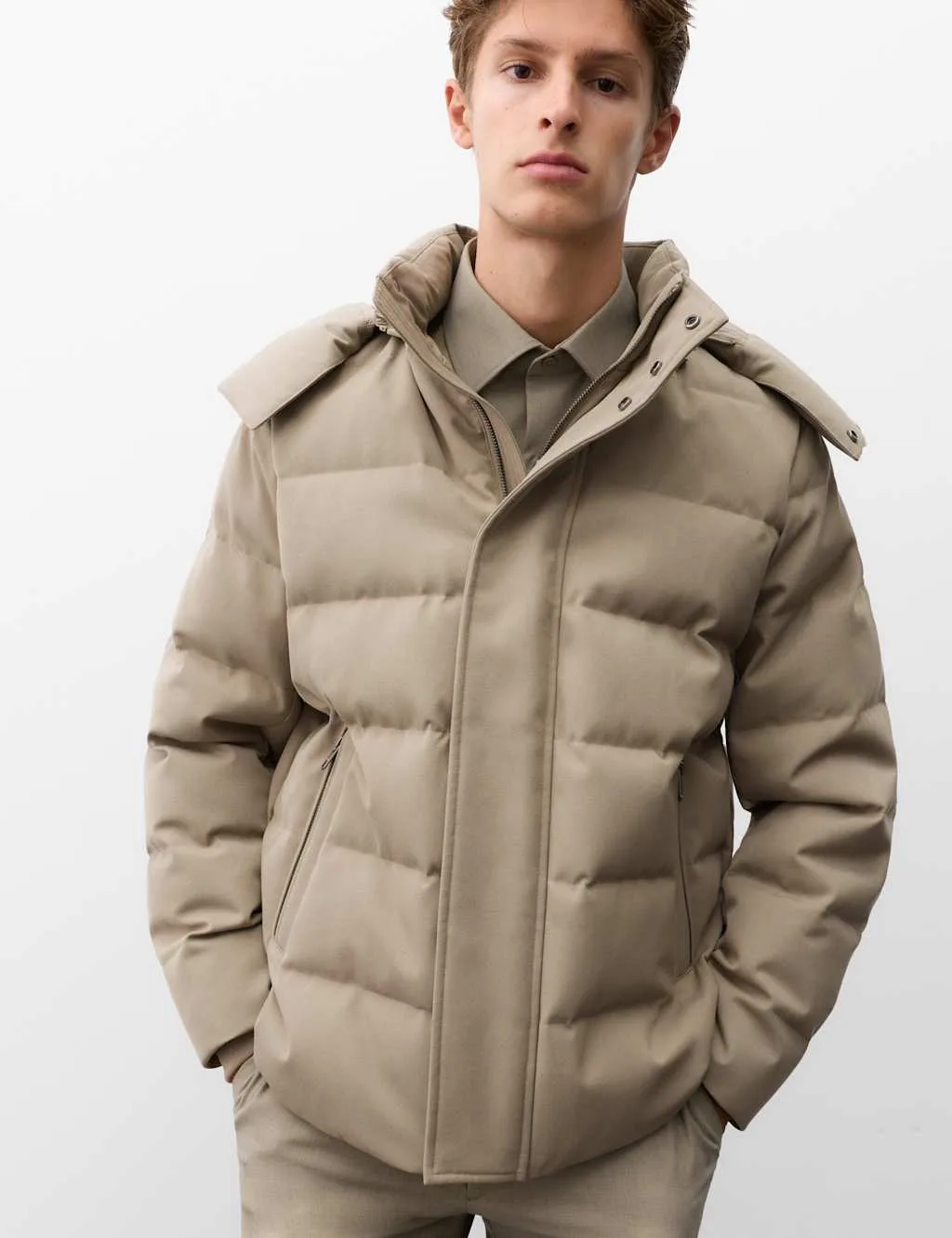 Feather and Down Technical Wool Puffer Jacket Sable male - Autograph - FashionsVida