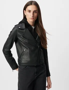 Cazadora biker de mujer de cuero con capucha amovible - IKKS - FashionsVida