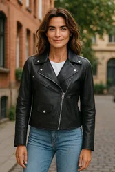 Womens Black Classic Brando Biker Jacket - Soweto Lamb Leather - Size 22 Uk