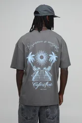 Herren Übergroßes Cafe Del Mar Palmen-Lizenz-Druck Oberteil Charcoal Größe XS