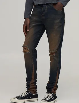 Mens Crease Wash Ripped Knee Gusset Stacked Skinny Jeans - Blue Cotton - Size 36 Regular - boohooMAN - FashionsVida