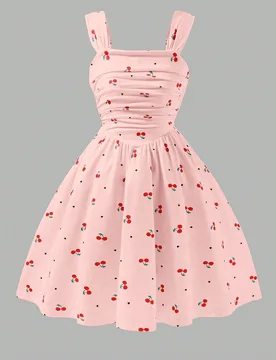 Vestido de tirantes finos con estampado digital de cerezas para niñas, de tiras anchas, cómodo, resistente a las arrugas, lindo, sin mangas, de long - Shein - FashionsVida