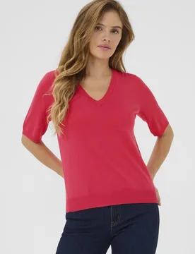 Women's Lizza V-Neck Short Sleeve Pullover Jumper in Raspberry Size: XS - Raspberry - Size: XS - Kaffe - FashionsVida