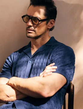 Cotton Rich Textured Knitted Shirt with Silk Navy male - David Gandy Wellwear - FashionsVida