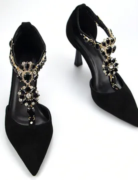Zapatos de tacón alto con punta afilada, decorados con cadena de strass y gamuza negra, sexy, para fiesta EUR36 - Shein - FashionsVida