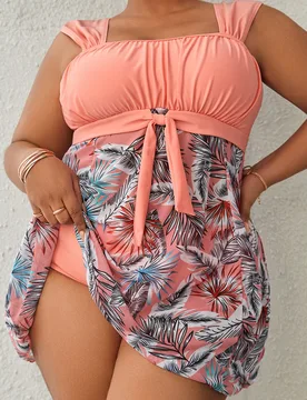 Conjunto de tankini con estampado tropical grande Vestido de camisola de baño con nudo en la parte delantera del busto fruncido y traje de baño de 2 - Shein - FashionsVida