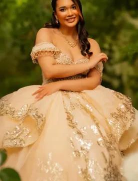 Champagne Gold Quinceanera Dress off-shoulder Lace layering glitter decal Long tail Bow vestidos de 15 Quinceanera ﻿Customize - Aliexpress - FashionsVida