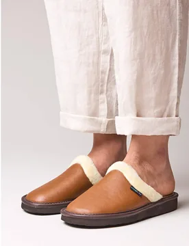 Women's 'Adele 2' Classic Leather Mule Slippers in Tan Size: 6.5 - Tan - Size: 6.5 - Moshulu - FashionsVida