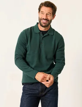 Cotton Rich Ribbed Long Sleeve Polo Shirt Dark Green male - Fatface - FashionsVida