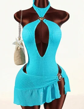 Pieza Traje de baño de una sola pieza con escote halter y espalda descubierta, con decoración de metal con concha y falda de cobertura para mujer L - Shein - FashionsVida