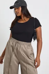 Womens Plus Basic Rib Scoop Neck Fitted Short Sleeve Top - Black - Size 18 Uk