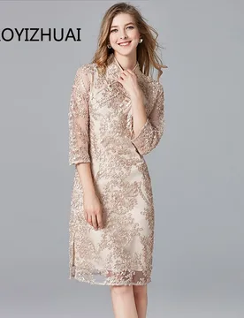 New Autumn Vintage Lace Dresses Style Stand Plus Size Dress Glod Color Embroidery A-Line Knee Length Women Lace Dresses 14230 - Aliexpress - FashionsVida