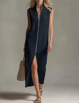 Sleeveless Zipper Stand Collar Dress New Summer Fashion Solid Color Slit Hem Casual Long Dress Women's Clothing Ropa Mujer - Aliexpress - FashionsVida