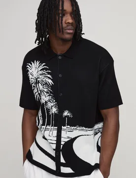 Mens Tall Relaxed Palm Scenic Jacquard Knitted Shirt - Black - Size Small - boohooMAN - FashionsVida