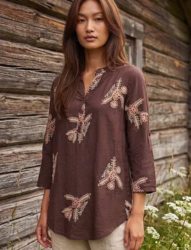 Women's Embroidered Floral V-Neck Top in Chocolate Size: 16 - Chocolate - Size: 16 - Roman - FashionsVida