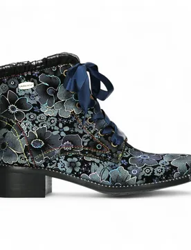 Emcmao-45 Blue Floral Womens Gothic Victorian Leather Ankle Heeled Boots - Size Eu 38 - Laura vita - FashionsVida