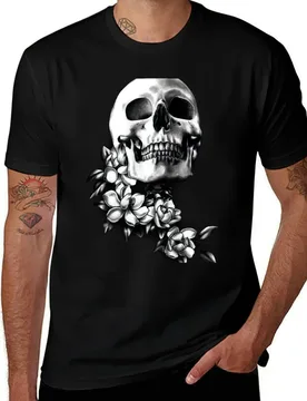 Skull & Magnolia Flowers B&W T-Shirt Vintage Print Crew Neck Tee T-Shirt - Aliexpress - FashionsVida