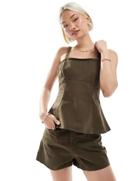 Womens Denim Strappy Peplum Top In Brown - Size Small - ASOS DESIGN - FashionsVida
