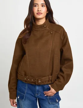 Womens Funnel Neck Belted Wool Look Jacket - Brown - Boohoo - FashionsVida