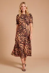 Women's Gathered Sleeve Empire Seam Midi Dress in Animal Size: 8 - Animal - Size: 8