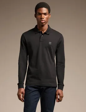 Passerby Cotton Rich Long Sleeve Polo Shirt Black male - BOSS - FashionsVida