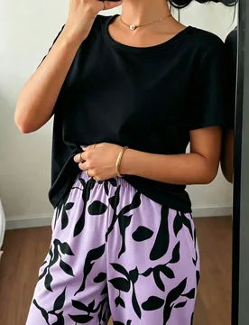 Conjunto de pijama de 2 piezas para mujer con top de manga corta negro & pantalones largos estampados S - Shein - FashionsVida