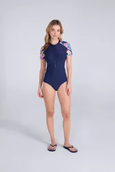 Isla Womens Printed Panel SS Swimsuit - Navy - Navy - Size: 10