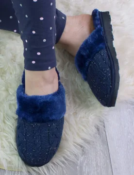 Women's Heel Glitter Cable Knit Faux Fur Lined Slippers in Navy Size: 3 - Navy - Size: 3 - Ajvani - FashionsVida