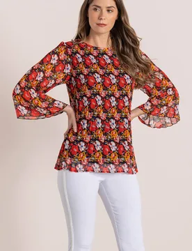Women's Floral Print Pleated Top in Black Size: 10 - Black - Size: 10 - Klass. - FashionsVida