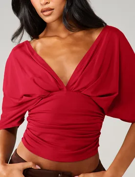 Blusa de mujer con cuello en V con nudo delantero, mangas 3/4 y corte drapeado, moda de otoño e invierno M - Shein - FashionsVida