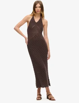 Superdry Damen Häkel-maxikleid mit Nackenträger Braun - Größe: 40 - 94.99 - FashionsVida