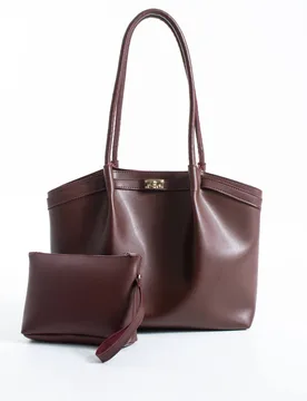 Women's Large PU Leather Shopper Tote Bag with Matching Pouch in Burgundy - Burgundy - Size: One Size - Belissh - FashionsVida