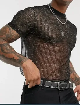 Sexy Men's T-Shirt Ultrathin Mesh Transparent Blouse Shiny Nightclub Tops Party Bottoming Shirt Hollow See Through Lingerie - Aliexpress - FashionsVida
