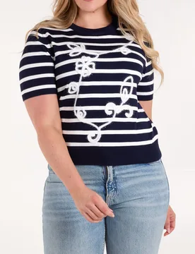 Embroidered Stripe Top - M / Navy/White - female - Blue Vanilla - FashionsVida