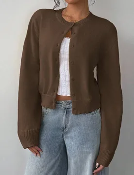 Suéter de punto de mujer de color liso con cuello redondo, manga larga, holgado y corto, estilo casual, abrigo de otoño para oficina y negocios, mar - Shein - FashionsVida
