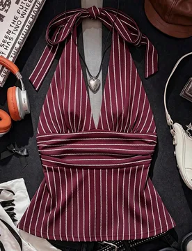 Top de tirantes con cuello en V profundo, cintura ceñida, corte A, espalda descubierta, estilo Old Money L - Shein - FashionsVida