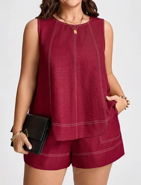 Set de top sin mangas con bolsillo y shorts de talla grande con color contrastante, 2 piezas 4XL - Shein - FashionsVida