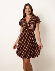 Spot Mesh Frill Sleeve Dress - XL / CHOCOLATE - female