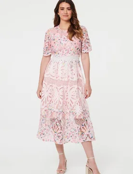 Women's Floral Mesh Layer 1/2 Sleeve Midi Dress Size: 10 - Multicolor - Size: 10 - Izabel London - FashionsVida