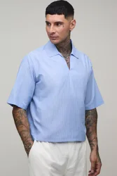 Herren Großes Übergroßes Kastenförmiges Popeline-Streifen-V-Ausschnitt-Polohemd Light Blue Größe XL