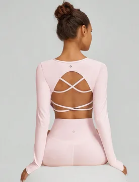 Camiseta de manga larga entallada sin costuras con cordones en la espalda, soporte ligero para impacto bajo, yoga diario - Shein - FashionsVida