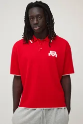 Herren Übergroßes Kastenförmiges Moto-Grafik-Strick-Poloshirt Red Größe XL